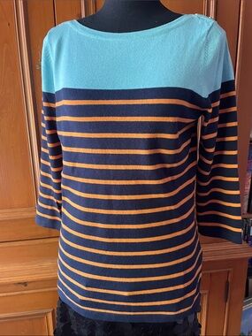 J. McLaughlin Teal, Navy & Orange Striped Boatneck Top 3/4 Sleeves - Size S